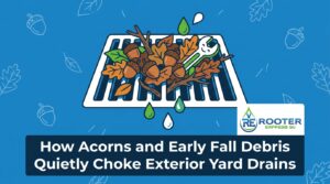 How Acorns and Early Fall Debris Quietly Choke Exterior Yard Drains — featured image