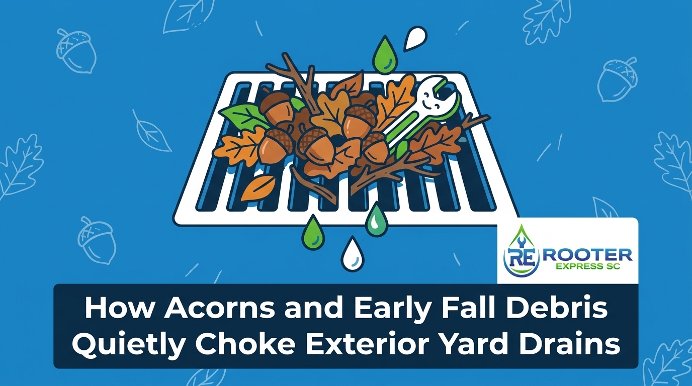 How Acorns and Early Fall Debris Quietly Choke Exterior Yard Drains — featured image